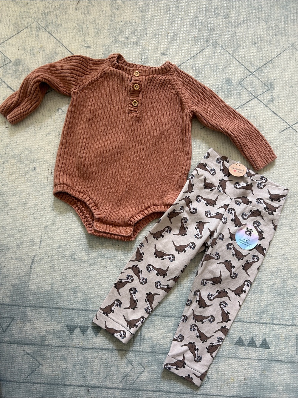 Kids Ribbed Long-Sleeve One-Piece in Rust and pants 9 months